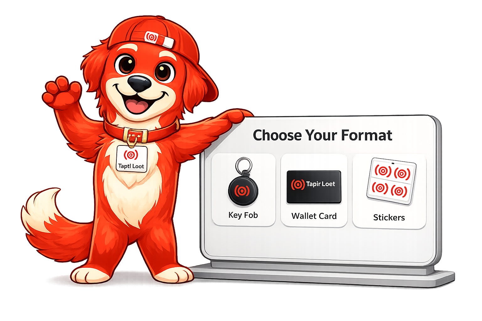 Fletcher presenting TapIfLost product formats including key fob, wallet card, and NFC stickers